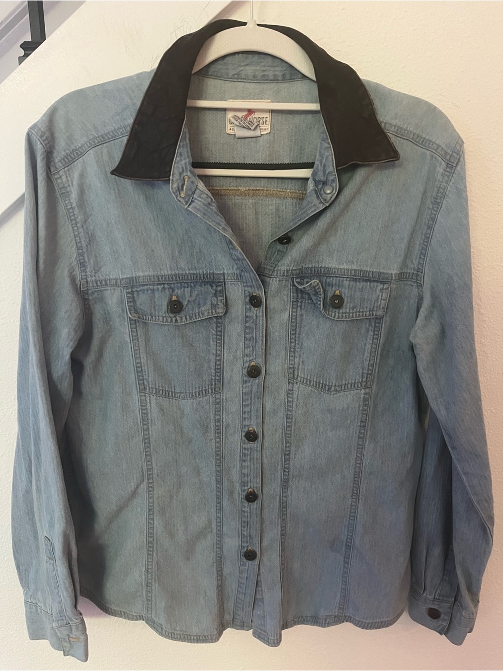 Light Blue Denim Jacket with Leather Collar - Women's